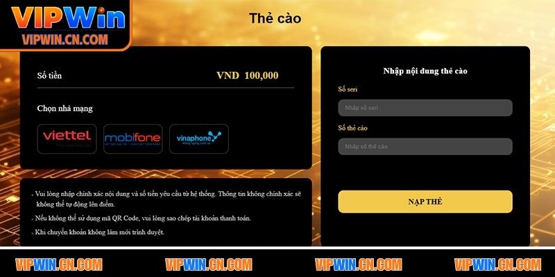 Nạp tiền VIPWIN bằng cách quy đổi thẻ cào điện thoại